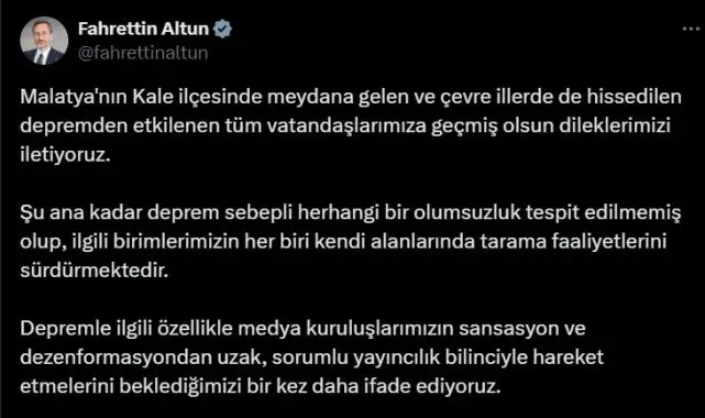 İletişim Başkanı Altun'dan Malatya'daki depremle ilgili açıklama