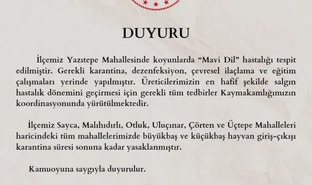 Adana'da bir mahalleye 'mavi dil' karantinası
