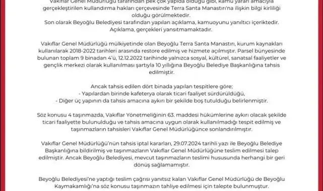 Vakıflardan 'Terra Santa Manastırı'na ilişkin açıklama