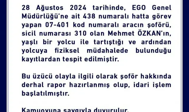 Ankara'da yolcuyu darp eden otobüs şoförü hakkında işlem başlatıldı