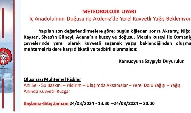 Niğde Valiliği'nden sağanak yağış uyarısı