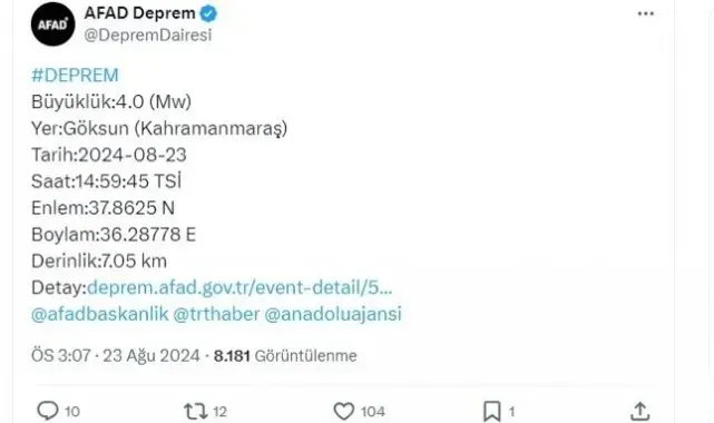 Kahramanmaraş'ta 4 büyüklüğünde deprem