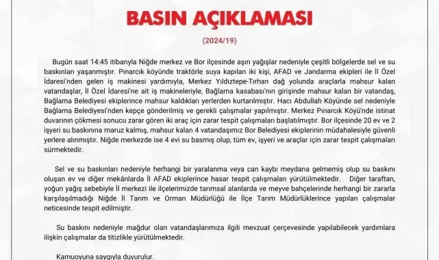 Niğde Valiliğinden "sel" açıklaması