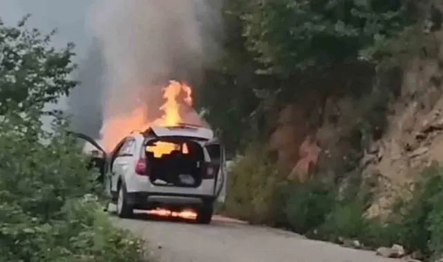 Giresun'da seyir halindeki otomobil alevlere teslim oldu: 5 kişilik aile son anda kurtuldu