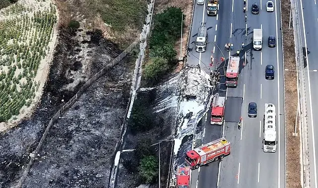 Kuzey Marmara Otoyolu'nda lastik yüklü tırda çıkan yangın tarım arazisine sıçradı