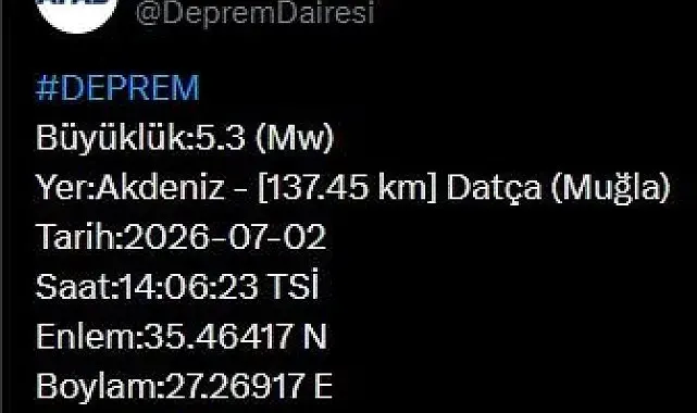 Muğla'da 5.3 büyüklüğünde deprem