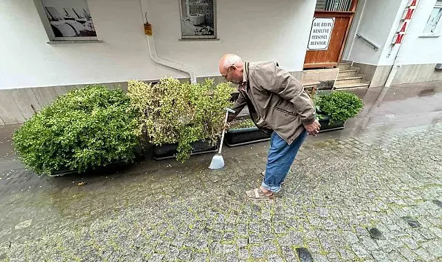 Altyapı yetersizliği sebebi ile yol kenarında biriken su ile bitkileri suladı
