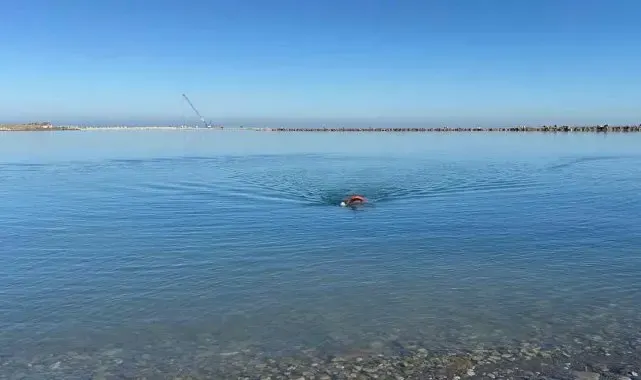 Yeni yılı buz gibi soğuk havada denize girerek karşıladı