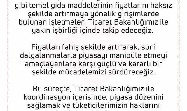 Tarım ve Orman Bakanlığı: "Suni dalgalanmalarla piyasayı manipüle etmeyi amaçlayanlara karşı mücadelemizi sürdüreceğiz"