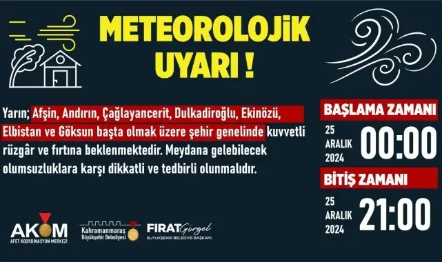 Kahramanmaraş'ta fırtına uyarısı