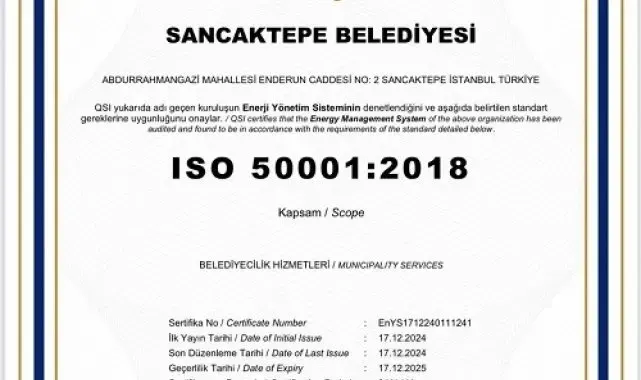Sancaktepe Belediyesine enerji 50001 yönetim sistemi sertifikası verildi