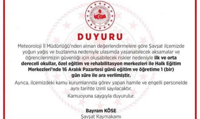Artvin'de iki ilçede eğitime ara verildi