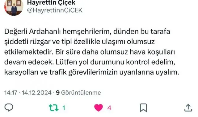 Vali Çiçek'ten sürücülere kar ve tipi uyarısı