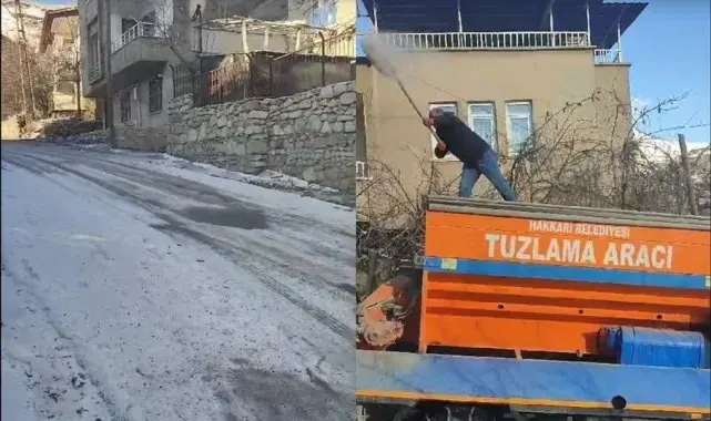Hakkari'de yollar buz kesti, tuzlama çalışması başlatıldı