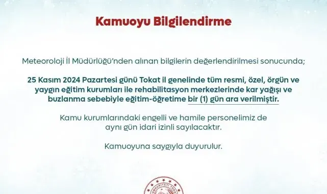 Tokat'ta kar nedeniyle okullar 1 gün tatil edildi