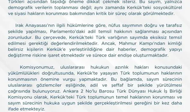 Ankara 2 No'lu Barosu'ndan Kerkük'te yapılacak nüfus sayımına ilişkin açıklama