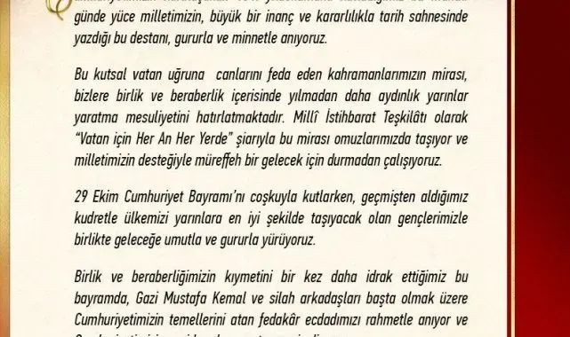 MİT Başkanı Kalın'dan Cumhuriyet Bayramı mesajı